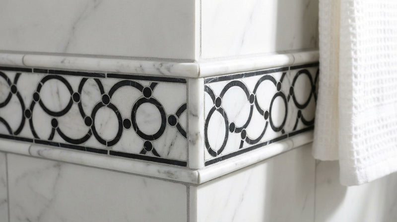 Carrara White (Italian) Carrara White Marble Polished / Honed Tile Florida Flower Border CORNER (Black)