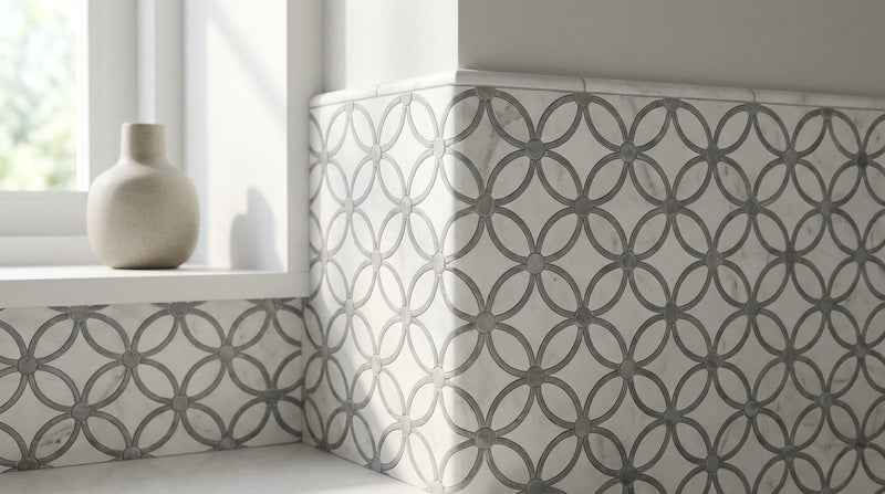 Carrara White (Italian) Carrara White Marble Polished / Honed Tile Florida Flower Border CORNER (Blue-Gray)