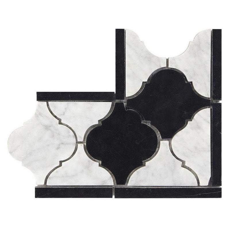 Carrara White (Italian) Carrara White Marble Polished / Honed Tile Luxury (Lantern) Border CORNER (w/ Black) Luxury Border CORNER