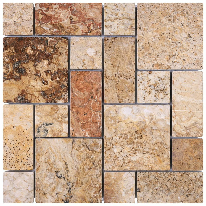 Scabos Travertine Tumbled Travertine 3-pcs. Mini-Pattern Mosaic (Non-Interlocking)