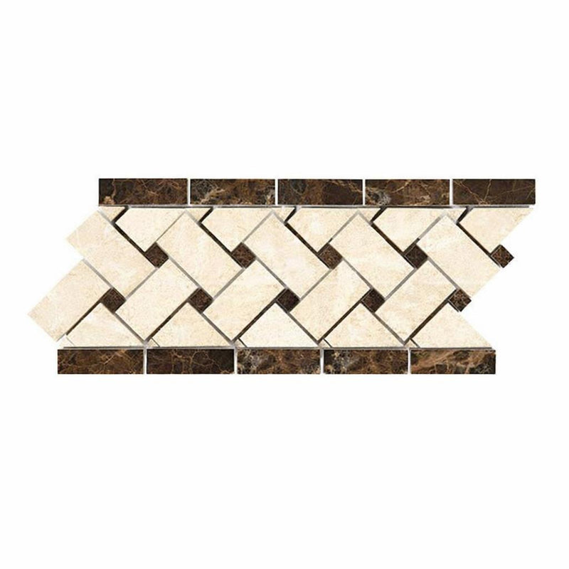 Emperador Dark (Spanish) Marble 4-3/4x12 Polished Tile Basketweave Border w/ C. Marfil Dots