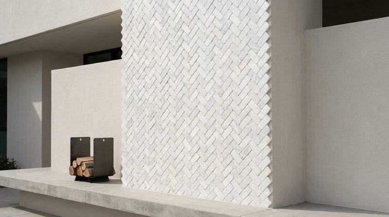 Bianco Congelato Marble 1x2 Leathered Dolomite Herringbone Mosaic