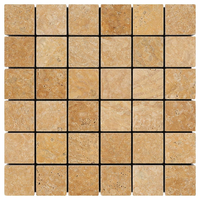 Gold / Yellow Gold Travertine 2x2 Tumbled Travertine Mosaic
