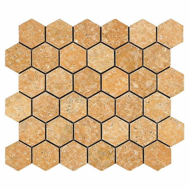 Gold / Yellow Gold Travertine 2x2 Tumbled Travertine Hexagon Mosaic