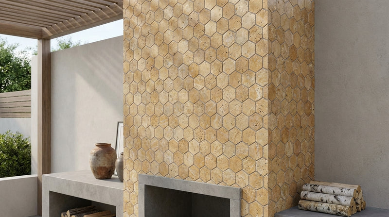 Gold / Yellow Gold Travertine 2x2 Tumbled Travertine Hexagon Mosaic