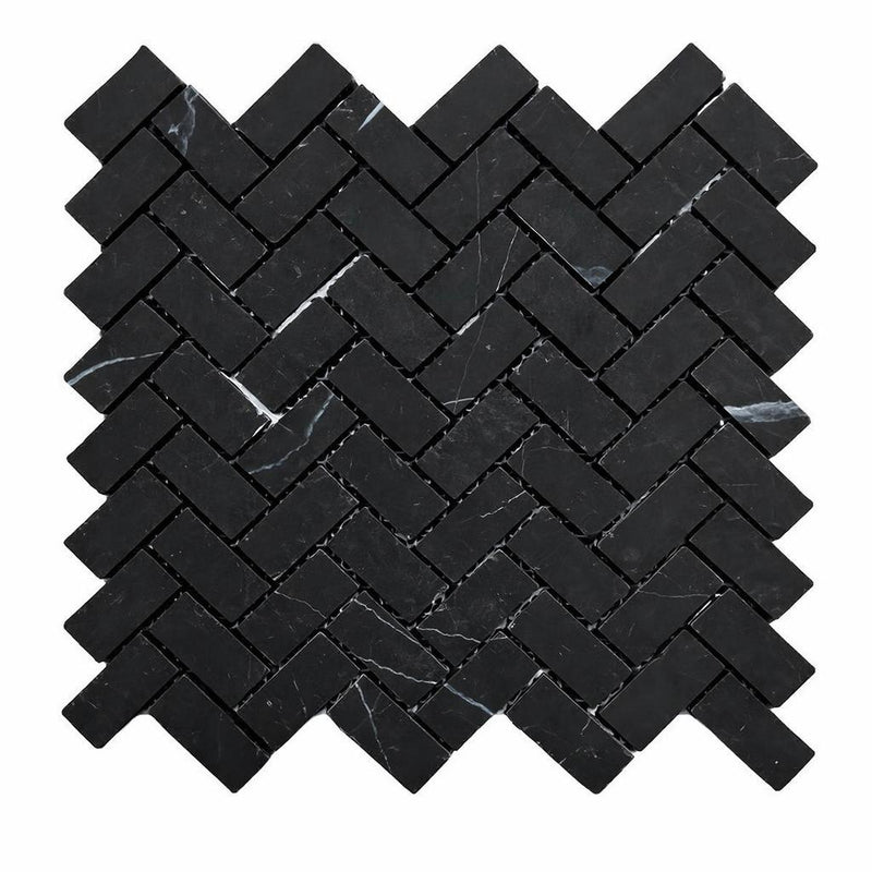 Nero Marquina (Black) Marble 1x2 Honed Herringbone Mosaic