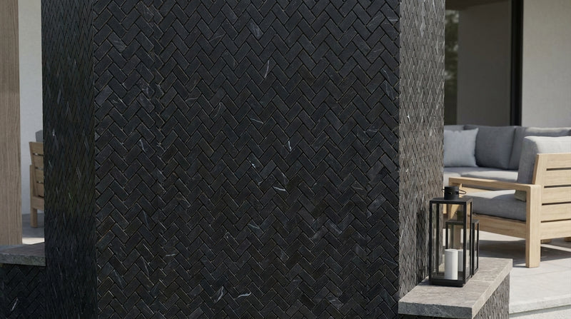 Nero Marquina (Black) Marble 1x2 Honed Herringbone Mosaic