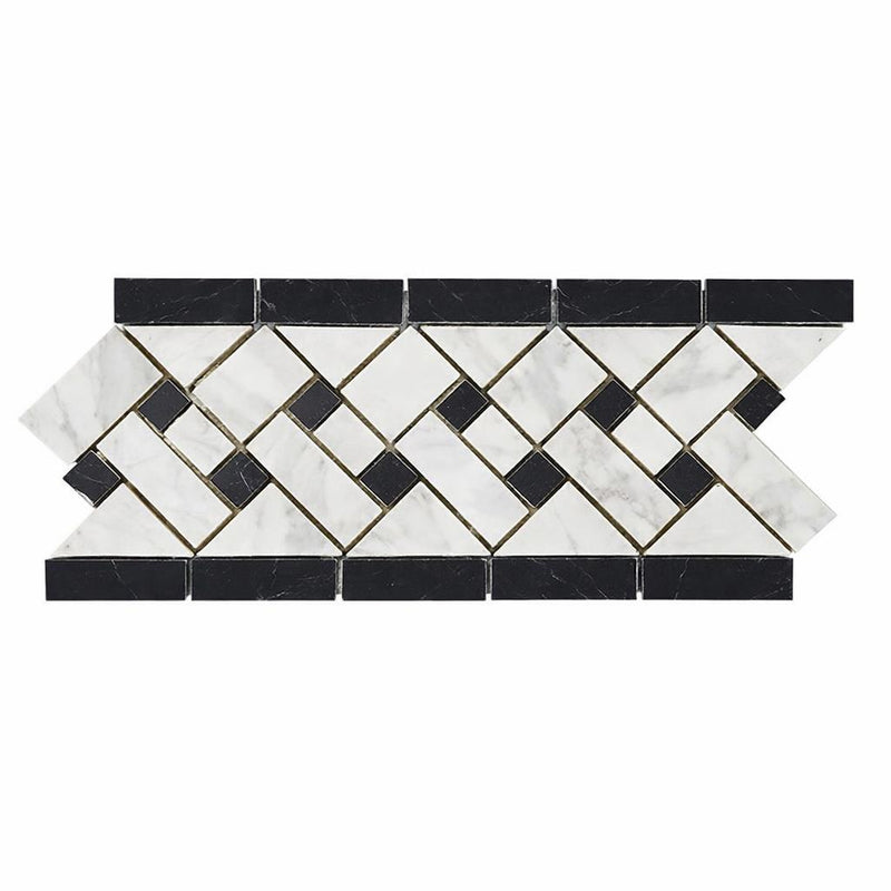 Carrara White (Italian) Carrara White Marble 4-3/4x12 Polished / Honed Tile Basketweave Border (w/ Black)