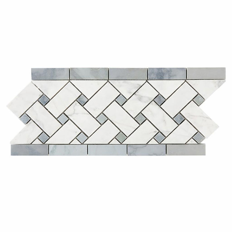 Carrara White (Italian) Carrara White Marble 4-3/4x12 Polished / Honed Tile Basketweave Border (w/ Blue-Gray)