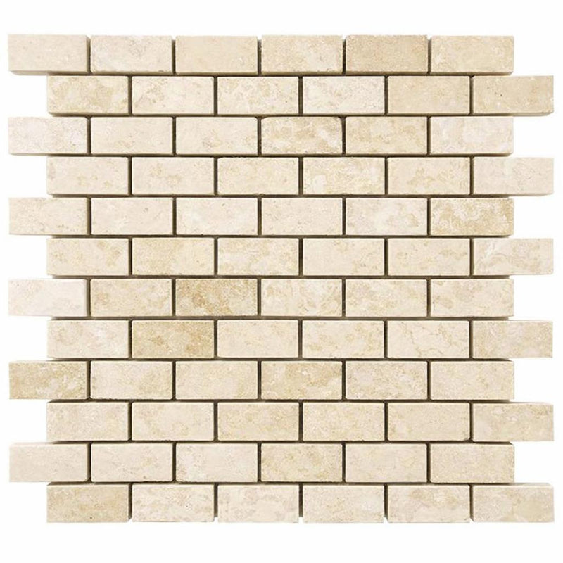 Ivory / Light Travertine 1x2 Cream Filled & Honed Brick Joint Mosaic Brick Mosaic