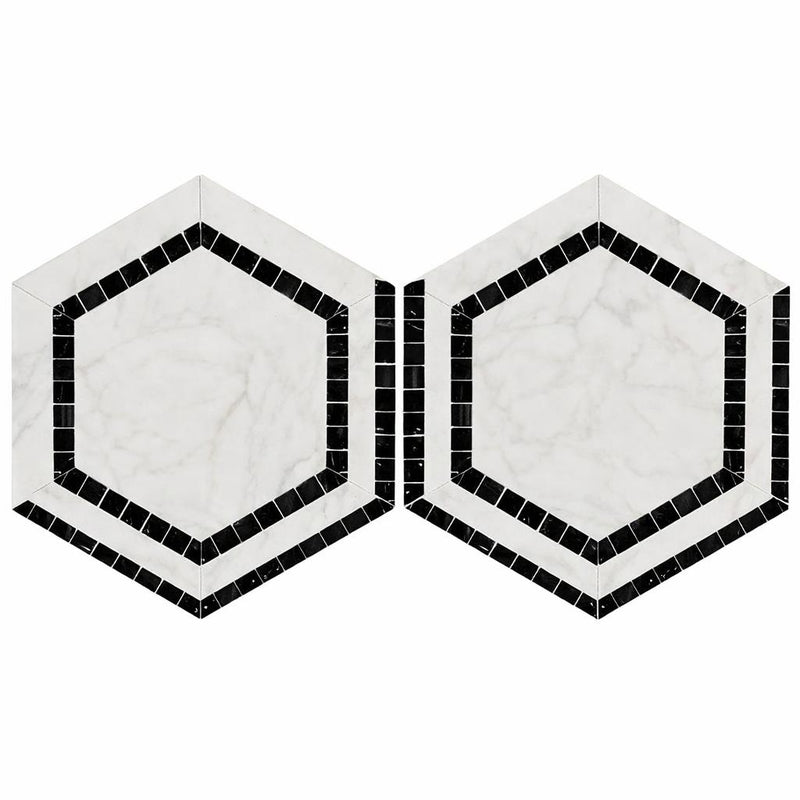 Oriental White (Asian Statuary) Marble 5x5 Honed Hexagon Mosaic Hexagon Combination Mosaic (w/ Black)