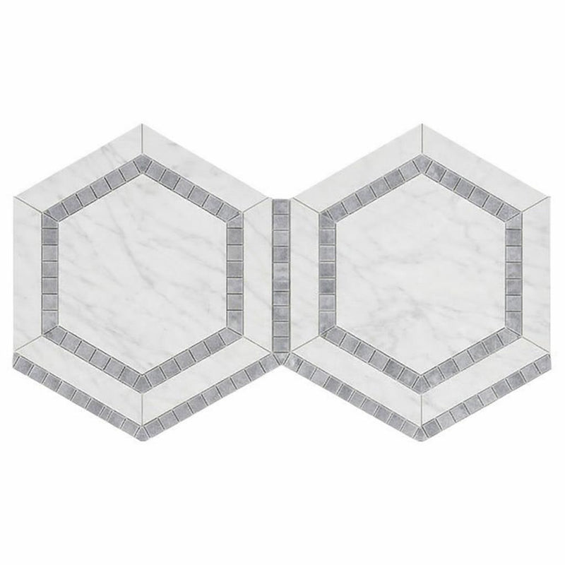 Oriental White (Asian Statuary) Marble 5x5 Honed Hexagon Mosaic Hexagon Combination Mosaic (w/ Blue-Gray)