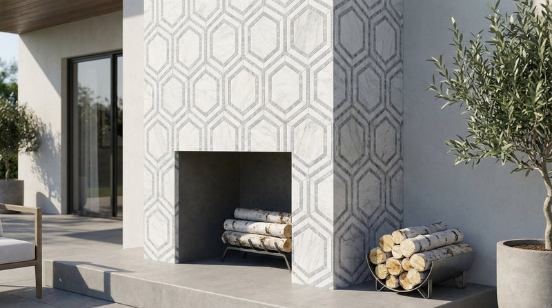 Oriental White (Asian Statuary) Marble 5x5 Honed Hexagon Mosaic Hexagon Combination Mosaic (w/ Blue-Gray)