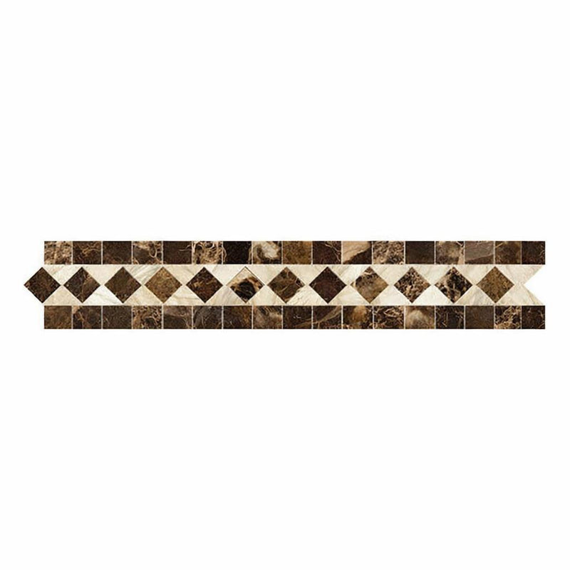 Emperador Dark (Spanish) Emperador Dark Marble 2x12 Polished Tile BIAS Border w/ C. Marfil Dots