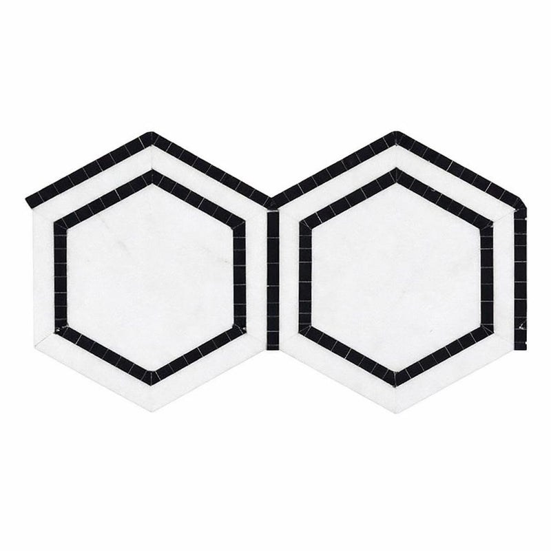 Thassos White (Greek) Marble 5x5 Honed Hexagon Mosaic Hexagon Combination Mosaic (w/ Black)