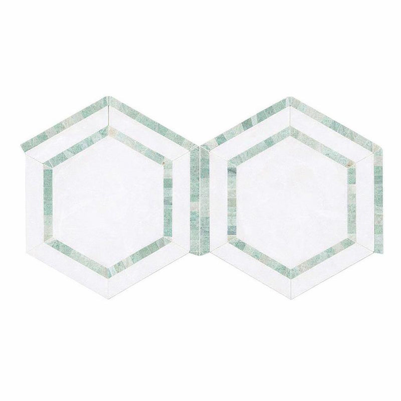 Thassos White (Greek) Marble 5x5 Honed Hexagon Mosaic Hexagon Combination Mosaic (w/ Ming-Green)