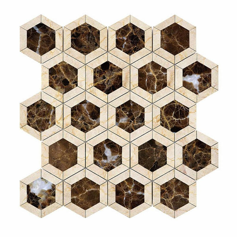 Emperador Dark (Spanish) Marble 2x2 Polished Hexagon Mosaic Vortex Hexagon (w/ Crema Marfil)