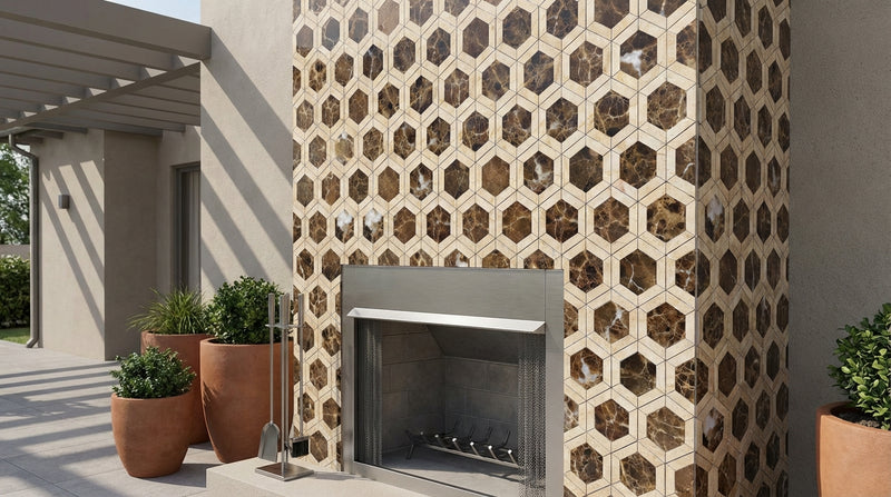 Emperador Dark (Spanish) Marble 2x2 Polished Hexagon Mosaic Vortex Hexagon (w/ Crema Marfil)