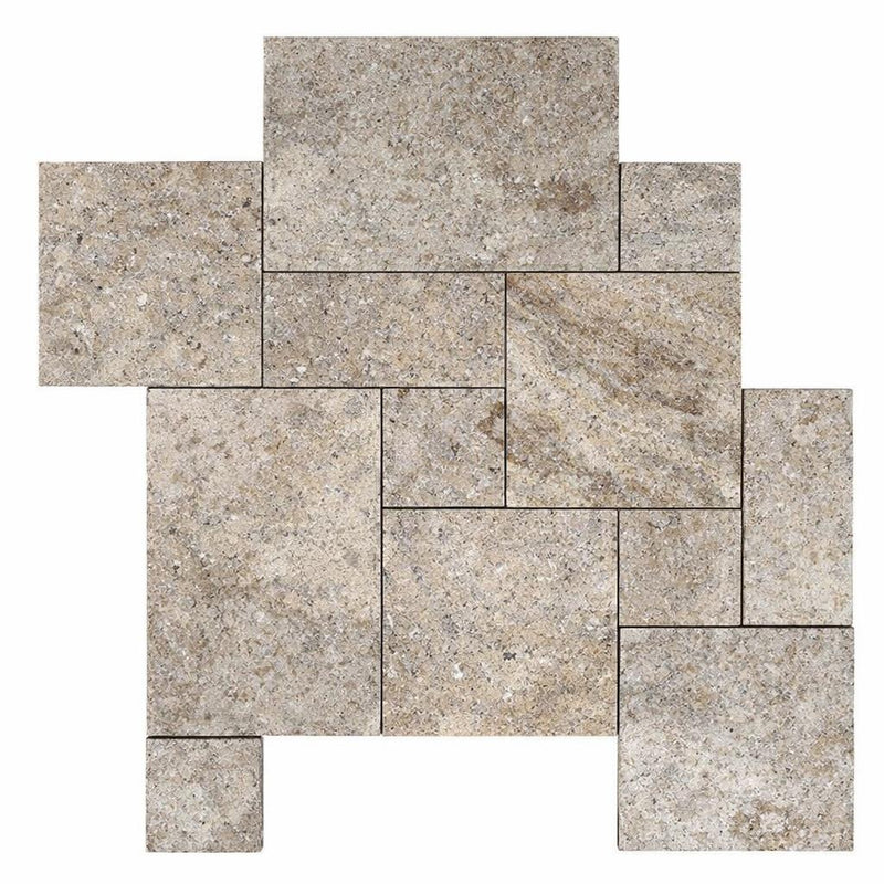 Silver (Pewter Blend) Silver Travertine Versailles Pattern Tumbled Travertine Paver