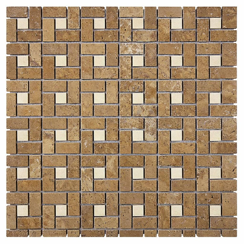 Noce (Antalya) Travertine 5/8x1 1/4 Tumbled Travertine Pinwheel Mosaic Pinwheel (Mini) Mosaic w/ Ivory Dots