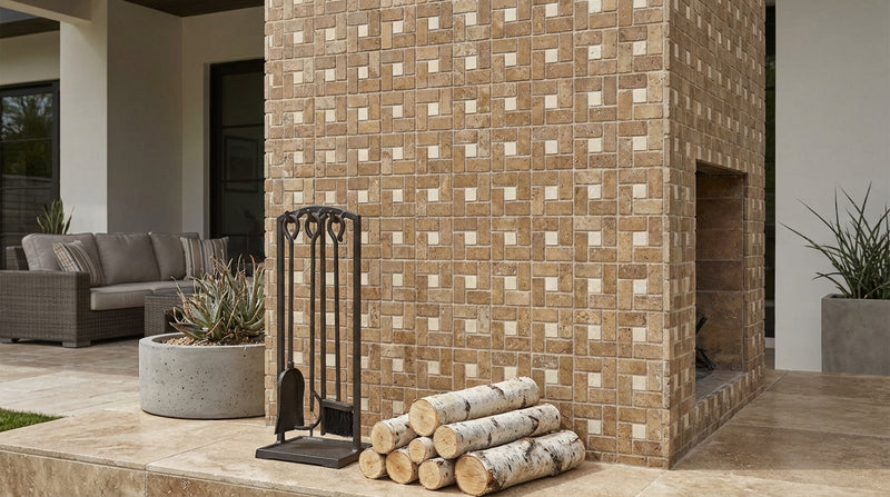 Noce (Antalya) Travertine 5/8x1 1/4 Tumbled Travertine Pinwheel Mosaic Pinwheel (Mini) Mosaic w/ Ivory Dots
