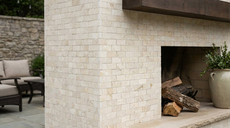 Crema Marfil (Spanish) Marble 1x2 Cream Split-faced Brick Joint Mosaic Brick Mosaic