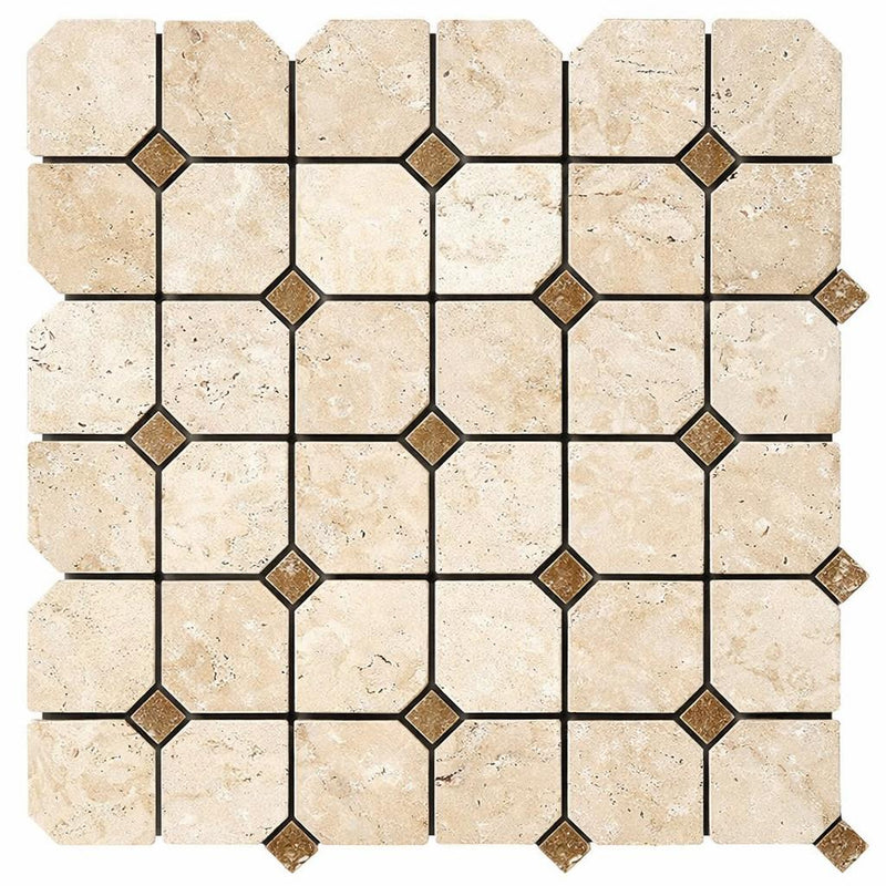 Ivory / Light Ivory Travertine Cream Filled & Honed Basketweave Mosaic Basketweave Mosaic w/ Noce Dots
