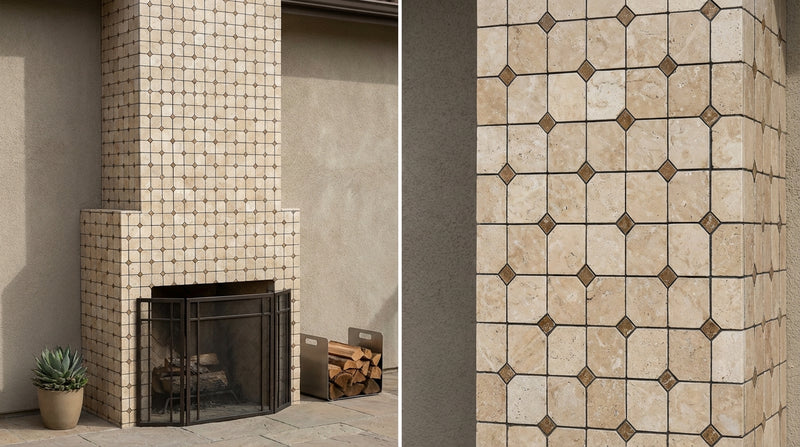 Ivory / Light Ivory Travertine Cream Filled & Honed Basketweave Mosaic Basketweave Mosaic w/ Noce Dots