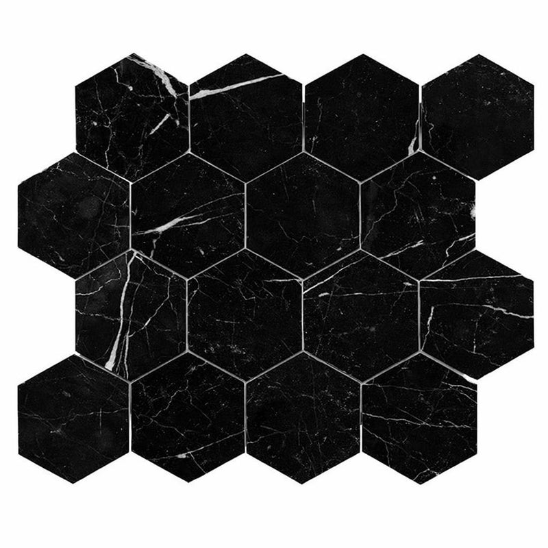 Nero Marquina (Black) Marble 3x3 Honed Hexagon Mosaic