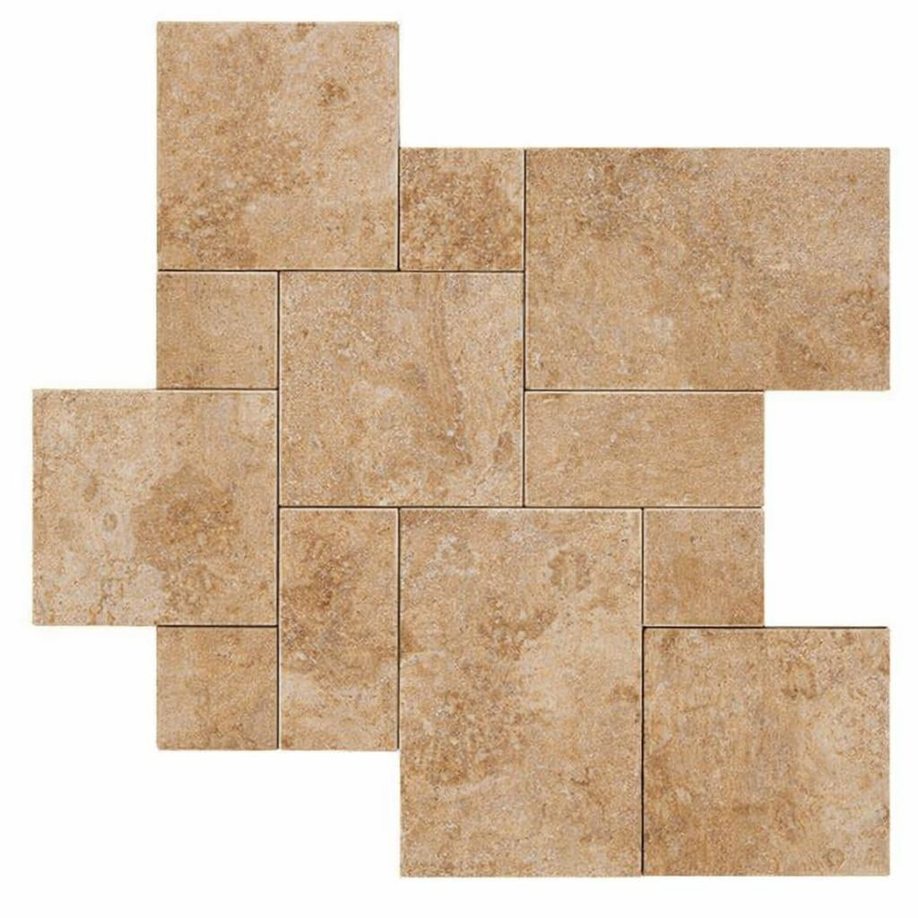 Walnut Travertine Versailles Pattern Tumbled Travertine Paver — Solidshape