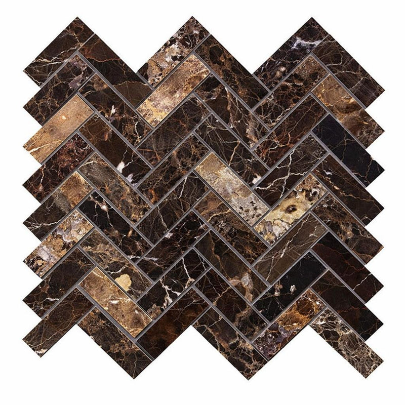 Emperador Dark (Spanish) Marble 1x3 Polished Herringbone Mosaic