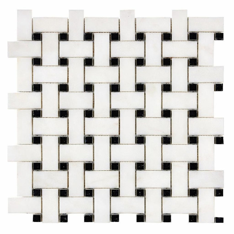 Afyon White Marble Polished Basketweave Mosaic (w/ Black)