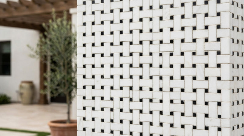 Afyon White Marble Polished Basketweave Mosaic (w/ Black)