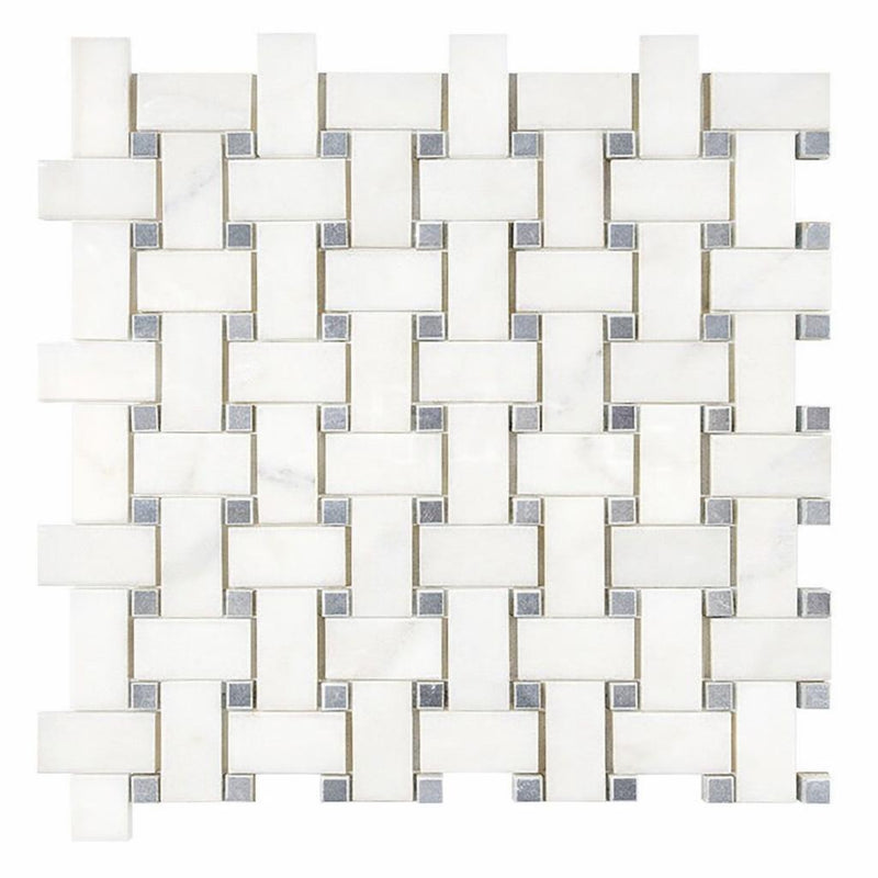 Afyon White Marble Polished Basketweave Mosaic (w/ Blue-Gray)