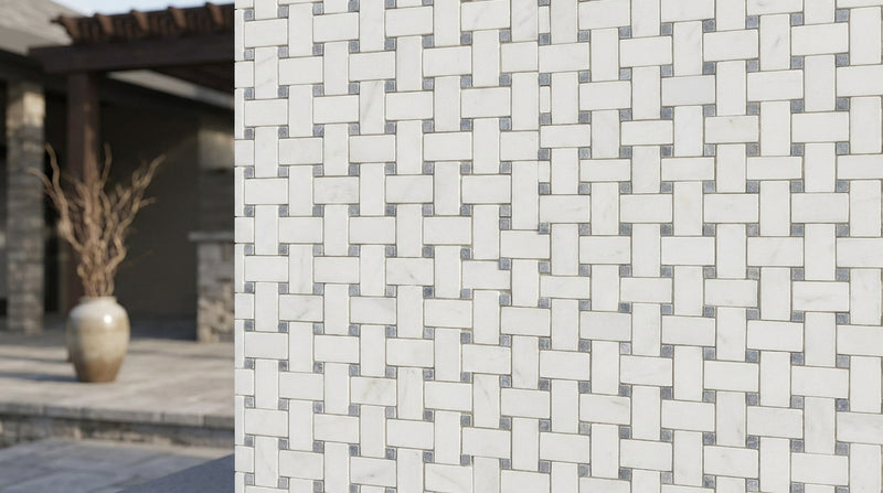 Afyon White Marble Polished Basketweave Mosaic (w/ Blue-Gray)
