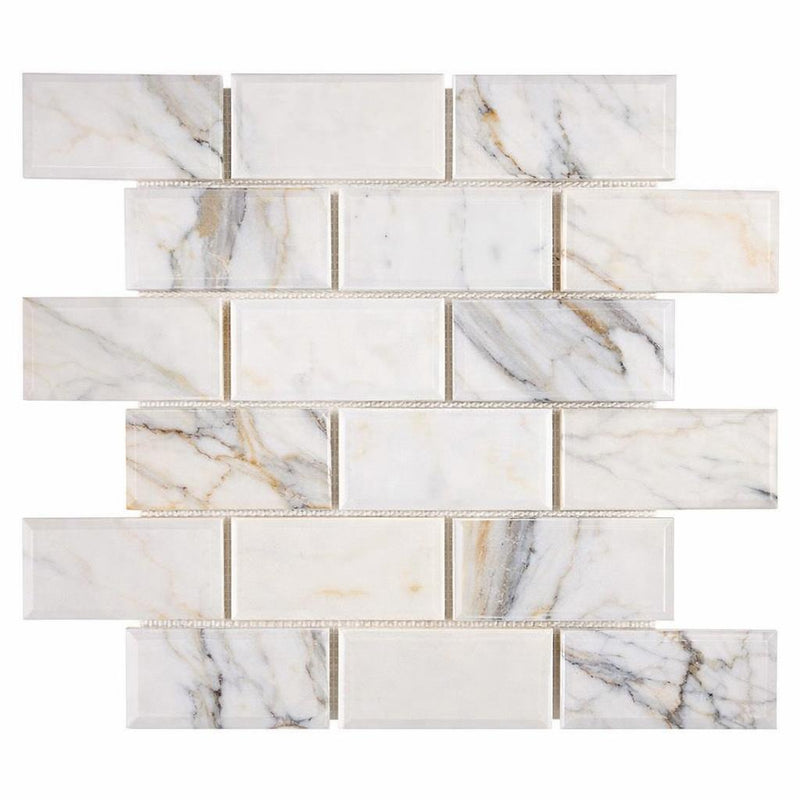 Calacatta Gold (Italian) Marble 2x4 Honed Brick Joint Mosaic Deep-Beveled Brick Mosaic