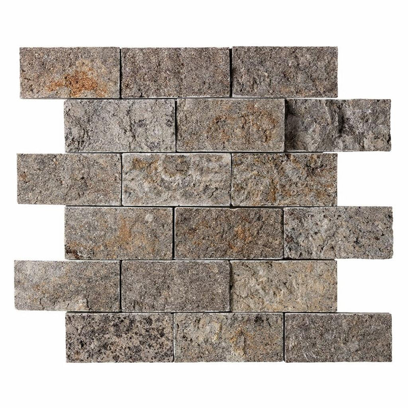 Silver (Pewter Blend) Travertine 2x4 Split-faced Travertine Brick Joint Mosaic Brick Mosaic