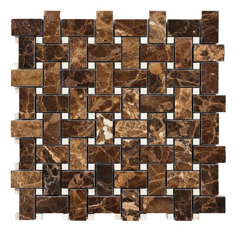 Emperador Dark (Spanish) Emperador Dark Marble Polished Tile Basketweave Border CORNER w/ C. Marfil Dots