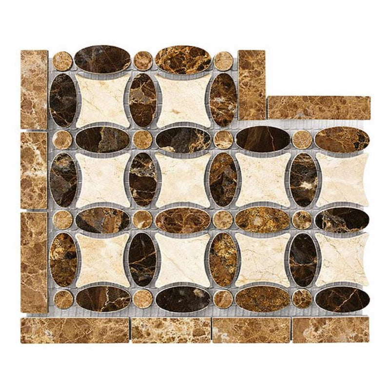 Emperador Dark (Spanish) Marble Polished Tile Florida Flower Border CORNER (Crema Marfil + Emp. Light + Emp. Dark)