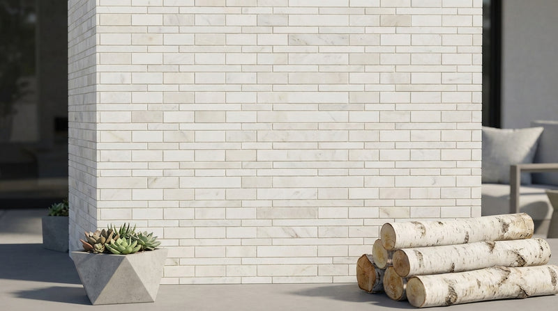 Oriental White (Asian Statuary) Marble Honed Bamboo Sticks Mosaic (Thassos + Oriental White + Black)