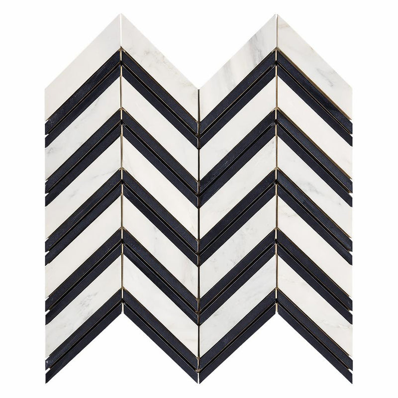 Oriental White (Asian Statuary) Marble Honed Chevron Mosaic Chevron (LARGE) (w/ Oriental White / Black)