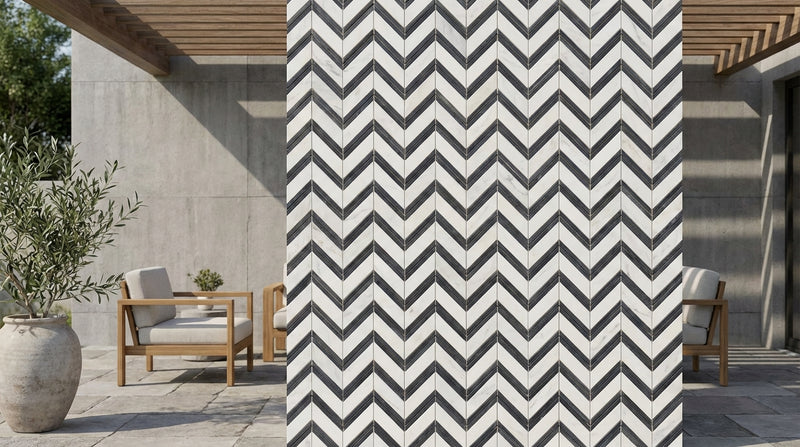 Oriental White (Asian Statuary) Marble Honed Chevron Mosaic Chevron (LARGE) (w/ Oriental White / Black)