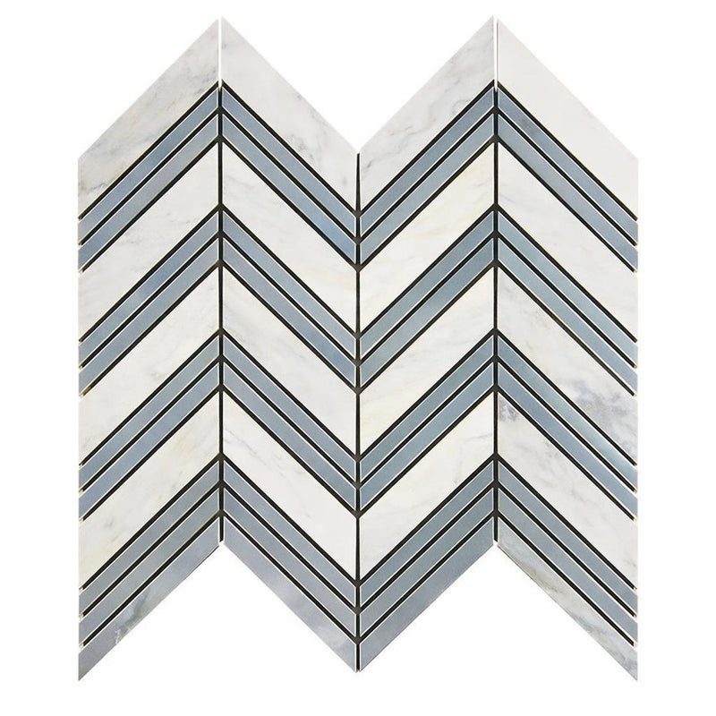 Oriental White (Asian Statuary) Marble Honed Chevron Mosaic Chevron (LARGE) (w/ Oriental White / Blue-Gray)