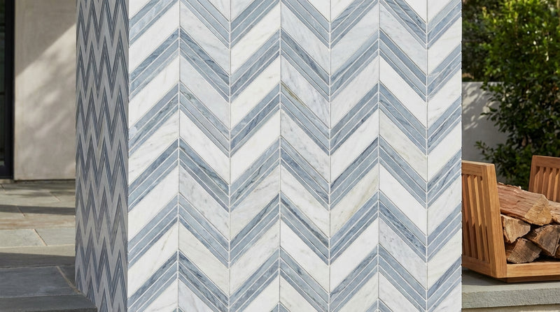 Oriental White (Asian Statuary) Marble Honed Chevron Mosaic Chevron (LARGE) (w/ Oriental White / Blue-Gray)