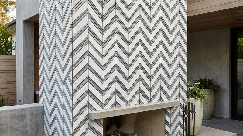 Oriental White (Asian Statuary) Marble Honed Chevron Mosaic Chevron (LARGE) (w/ Oriental White / Oriental White)