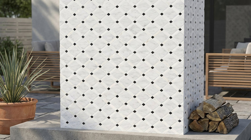 Oriental White (Asian Statuary) Oriental White Marble Polished / Honed Lattice Mosaic Lattice Mosaic (Thassos + Oriental White White + Black)