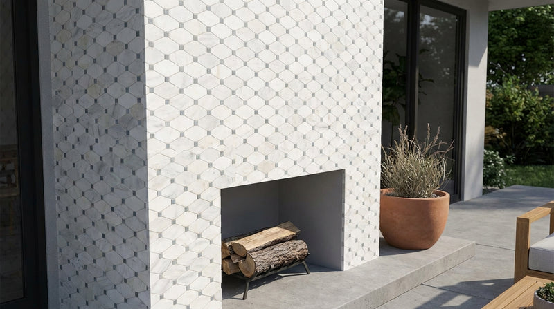 Oriental White (Asian Statuary) Marble Honed Manhattan Mosaic Manhattan (Random-Strip) Mosaic