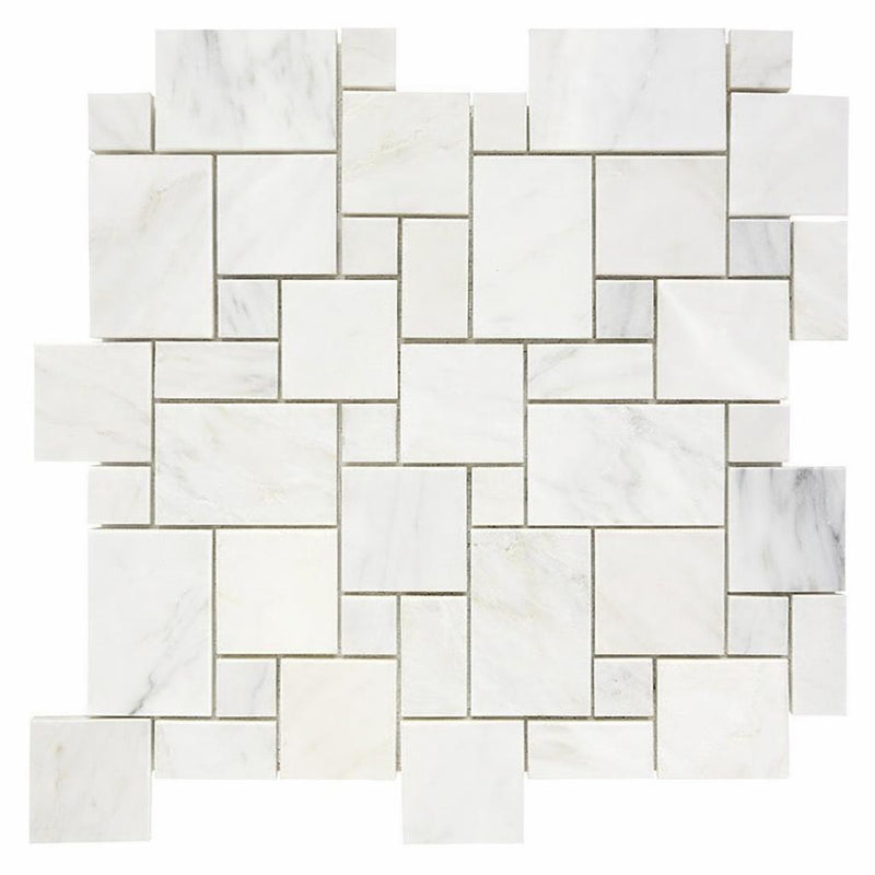 Oriental White (Asian Statuary) Marble Honed Mosaic Mini-Versailles Pattern