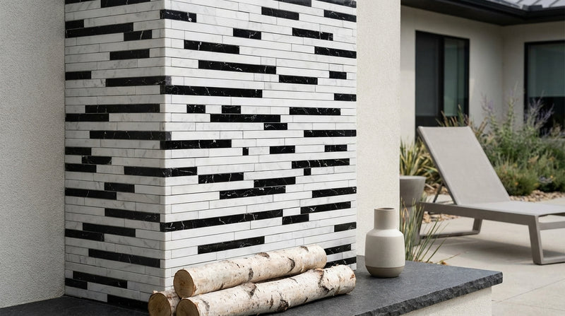 Oriental White (Asian Statuary) Marble Honed Bamboo Sticks Mosaic (Thassos + Oriental White + Blue-Gray)