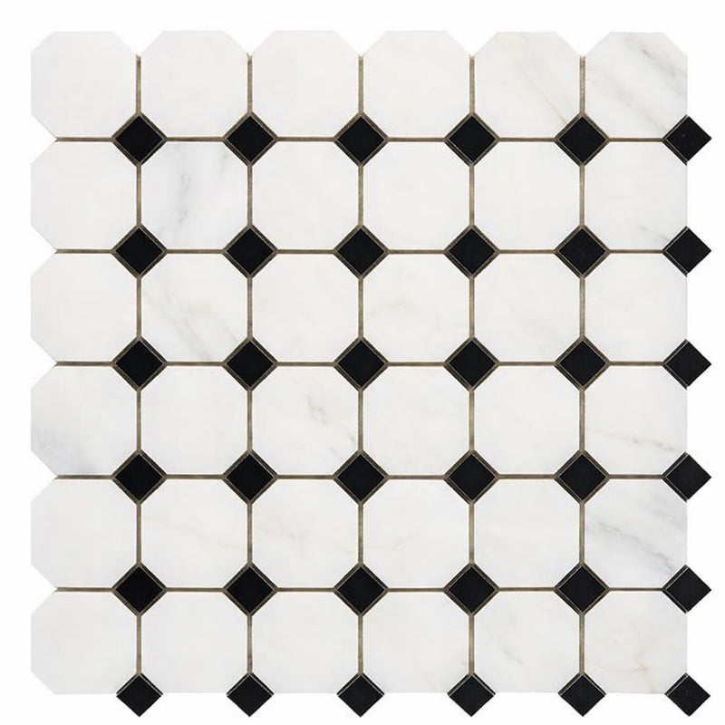 Oriental White (Asian Statuary) Marble Honed Octagon Mosaic (w/ Black)